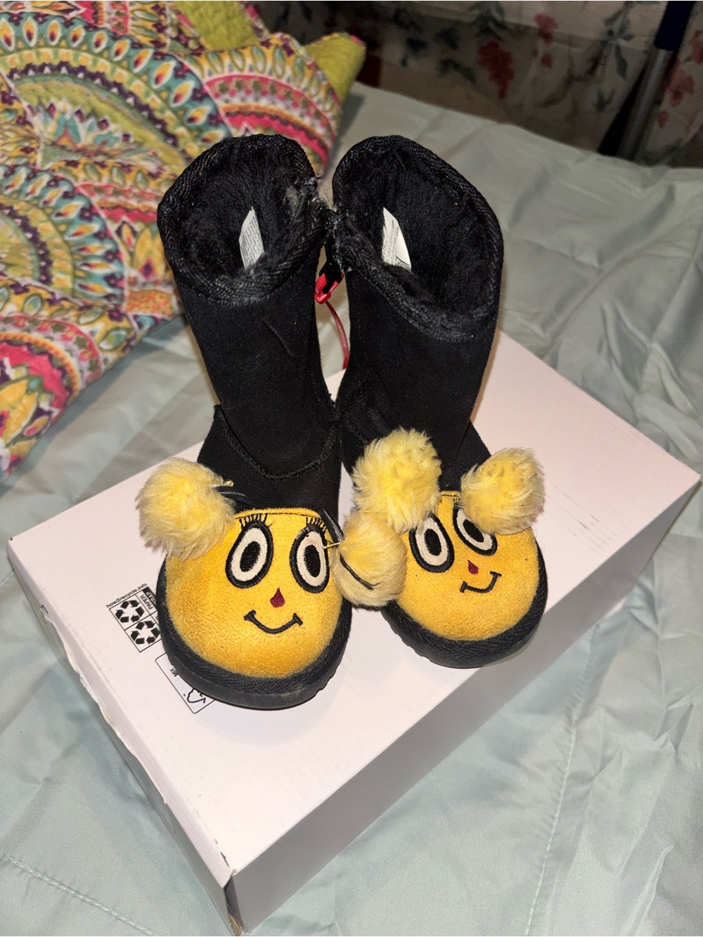 jumping beans Black Boots with Yellow Smiley Face Pom-Poms